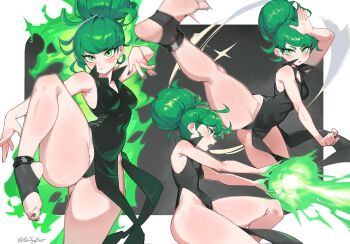 Rule 34 | 1girl, aura, black dress, blush, dress, energy beam, fighting stance, green eyes, green hair, highres, kicking, martial arts, one-punch man, short hair, sin (sintrybest), tatsumaki, thighs