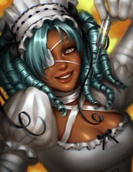 1girl aqua_hair arm_up babybeetlekat bandaged_arm bandaged_neck bandages black_bow bow breasts chromatic_aberration cleavage commentary criss-cross_halter dark-skinned_female dark_skin dress dress_bow english_commentary eyelashes eyepatch frilled_dress frills glint gloves hair_bow halter_dress halterneck hashtag-only_commentary highres holding holding_syringe juliet_sleeves lips long_sleeves looking_ahead looking_down medical_eyepatch medium_breasts medium_hair nose orange_background original portrait procreate_(medium) puffy_sleeves ringlets side_part smile solo syringe teeth twintails two-tone_background underbust visual_kei white_dress white_gloves white_headdress yellow_background yellow_eyes