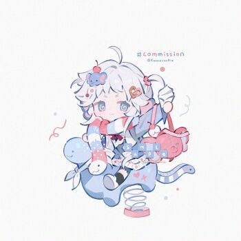 1girl :3 @_@ ahoge black_socks chibi chibi_only closed_mouth commission elephant_hair_ornament food full_body grey_eyes hair_ornament highres holding holding_food holding_ice_cream ice_cream kanae_(cookie) long_sleeves looking_at_viewer original sample_watermark scarf shirt shoes short_hair simple_background sitting smile socks solo spring_rider twitter_username watermark white_background white_hair white_shirt white_shoes