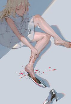 Rule 34 | 1girl, artoria caster (fate), artoria caster (first ascension) (fate), artoria pendragon (fate), avalon le fae (fate/grand order), bare shoulders, barefoot, blonde hair, blood, closed mouth, commentary request, dress, fate/grand order, fate (series), green eyes, half-closed eyes, high heels, injury, long hair, shadow, shoes, simple background, sitting, sleeveless, sleeveless dress, solo, ubwmitekure, unworn shoes, white background, white dress