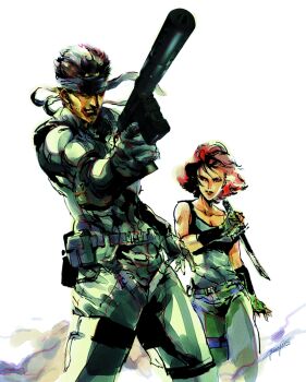 Rule 34 | 1boy, 1girl, absurdres, aiming, bandana, belt, breasts, cleavage, fingerless gloves, flipped hair, gloves, gun, h&amp;k mark 23, handgun, headband, highres, holding, holding gun, holding knife, holding weapon, knife, meryl silverburgh, metal gear (series), metal gear solid, official art, red hair, reverse grip, scan, shinkawa youji, signature, simple background, sneaking suit, solid snake, tank top, utility belt, weapon, white background