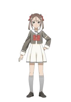 Rule 34 | 1girl, black shirt, black shoes, bow, bowtie, brown hair, dress, full body, grey eyes, grey socks, hair ribbon, hand on own hip, loafers, long hair, looking at viewer, miyoshi karin, official art, pleated dress, red bow, red bowtie, red ribbon, ribbon, sailor collar, sanshuu middle school uniform, school uniform, second-party source, shirt, shoes, short dress, simple background, smile, socks, solo, standing, tachi-e, transparent background, twintails, white dress, yuuki yuuna wa yuusha de aru, yuusha de aru