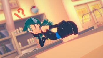 1girl 3d aged_down ass bare_shoulders bent_over gen_4_pokemon gloves green_hair hand_on_own_ass hand_on_own_face jenny_(pokemon) koikatsu long_glove marble_(pokemon) nintendo official_alternate_costume orange_eyes pokemon pokemon_(anime) pokemon_dp059 pokemon_dppt_(anime) presenting skin_tight spandex striped_clothes sweatdrop