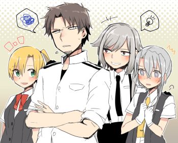 Rule 34 | 3girls, admiral (kancolle), asymmetrical hair, beard, black necktie, blonde hair, blush, bow, bowtie, brown hair, collared shirt, commentary request, double-parted bangs, embarrassed, facial hair, female admiral (kancolle), gloves, gradient background, green eyes, grey hair, grey vest, hair between eyes, halftone, halftone background, kantai collection, light bulb, long hair, looking at another, looking at viewer, low twintails, maikaze (kancolle), medium hair, motion lines, multiple girls, necktie, nowaki (kancolle), one side up, oomori (kswmr), open clothes, open mouth, open vest, outline, purple eyes, red bow, red bowtie, red eyes, shirt, short hair, short sleeves, shoulder boards, sidelocks, smile, speech bubble, spoken light bulb, spoken squiggle, squiggle, sweat, swept bangs, twintails, upper body, vest, white background, white gloves, white outline, white shirt, yellow background, yellow necktie