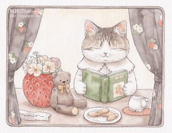 animal_focus book bow cat commentary cookie cup curtains flower food holding holding_book mirin_(mirin_4) mug no_humans original plate stuffed_animal stuffed_toy symbol-only_commentary teddy_bear vase white_flower yellow_bow