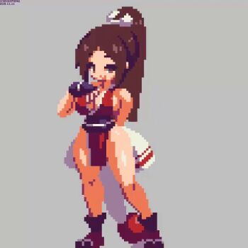 1girl animated animated_gif bare_shoulders bouncing_breasts breasts brown_eyes brown_hair chinese_clothes cleavage curvy fan fatal_fury full_body hair_ribbon large_breasts pixel_art ponytail ribbon sakuemon shiranui_mai smile solo standing the_king_of_fighters thick_thighs thighs wide_hips