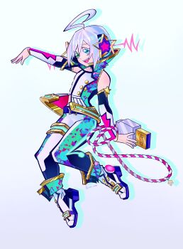 1boy :d absurdres ahoge alternate_costume ankle_boots blue_eyes boots character_charm charm_(object) colored_eyelashes detached_sleeves full_body gold_trim green_eyes heterochromia highres huge_ahoge jumping kagamine_len looking_at_viewer male_focus open_mouth pekon skin_tight smile solo trap usb_tail utatane_piko vocaloid white_eyelashes white_hair