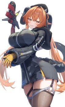 1girl absurdres asymmetrical_gloves averting_eyes beret black_gloves black_hat black_jacket blush breasts commentary_request curvy dragon_girl dragon_horns fingerless_gloves gloves green_eyes hair_between_eyes hat highres horns jacket large_breasts long_hair long_sleeves magus_(zenless_zone_zero) mechanical_horns mechanical_tail mismatched_gloves orange_hair orange_pupils orphie_magnusson pointy_ears sweat tail taro_(peach_taro51) thick_thighs thighhighs thighs twintails very_long_hair yellow_gloves zenless_zone_zero zipper