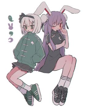 Rule 34 | 2girls, alternate costume, animal ears, black dress, black skirt, blush, commentary, double bun, dress, full body, green eyes, green jacket, hair bun, hair ornament, hairband, hairpin, hand on own cheek, hand on own face, hands in pockets, highres, jacket, konpaku youmu, long hair, long sleeves, looking at viewer, medium hair, multiple girls, one eye closed, parted lips, purple hair, rabbit ears, rabbit girl, red eyes, reisen udongein inaba, ri (qrcode), shoes, short sleeves, skirt, smile, sneakers, socks, touhou, white background, white hair, white socks