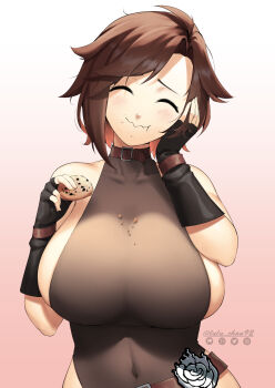 1girl alternate_breast_size_(larger) artist_name belt blush breasts closed_eyes collarbone cookie covered_navel eating food gloves hand_on_own_cheek hand_on_own_face highres huge_breasts lulu-chan92 ruby_rose rwby short_hair simple_background skin_tight smile solo