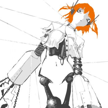 1girl :&lt; android arms_at_sides breasts cable commentary cropped_shirt cross-shaped_pupils drill_hand greyscale jelly_(sferics32) joints mechabare mechanical_arms mechanical_legs medium_breasts medium_hair monochrome navel orange_hair original partially_unbuttoned restrained robot robot_ears robot_joints shirt short_sleeves simple_background solo spot_color symbol-only_commentary symbol-shaped_pupils torn_clothes torn_shirt two_side_up wire wire_around_neck