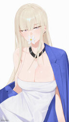Rule 34 | 1girl, blonde hair, blunt bangs, breasts, chilakkk, cleavage, detached collar, earrings, flower, hair ornament, highres, jewelry, looking at viewer, mole, mole under eye, off shoulder, original, purple eyes, simple background, solo, white background