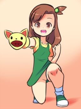 1girl brown_eyes brown_hair collarbone digimon digimon_tamers drantyno dress female_focus flat_chest full_body green_dress green_footwear hair_bobbles hair_ornament hand_puppet katou_juri kneeling loli long_hair looking_at_viewer no_panties nude_filter on_one_knee open_mouth orange_background ponytail puppet pussy shirt shoes short_sleeves side_ponytail sleeveless sleeveless_dress smile socks third-party_edit underwear white_socks yellow_shirt