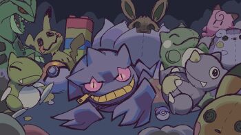 banette caliginousarts clefairy colored_sclera dynamax eevee gen_1_pokemon gen_2_pokemon gen_3_pokemon gen_7_pokemon gigantamax gigantamax_eevee grin highres looking_at_viewer master_ball mecha_tyranitar mimikyu nintendo no_humans pikachu poke_ball poke_toy pokemon pokemon_(creature) pokemon_focus red_eyes red_sclera rhydon smile solo_focus stuffed_animal stuffed_toy substitute_(pokemon) togedemaru tyranitar zipper_pull_tab