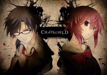 1boy 1girl black-framed_eyewear black_hair black_shirt blue_eyes bow bowtie chaos;child collarbone copyright_name crying crying_with_eyes_open dress glasses hair_between_eyes hekiho_academy_school_uniform miyashiro_takuru necktie non-web_source onoe_serika parted_lips pink_eyes pink_hair red_bow red_bowtie red_necktie rotte_(1109) sailor_collar sailor_dress school_uniform science_adventure shirt sidelocks tears upper_body white_shirt