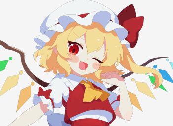 Rule 34 | 1girl, absurdres, ascot, blonde hair, crystal, crystal wings, embodiment of scarlet devil, fang, flandre scarlet, hand up, hat, hat ribbon, highres, looking at viewer, masakamea, mob cap, one eye closed, one side up, open mouth, puffy short sleeves, puffy sleeves, red eyes, red vest, ribbon, shirt, short sleeves, side ponytail, simple background, skin fang, smile, solo, touhou, upper body, vest, white background, white shirt, wings, yellow ascot