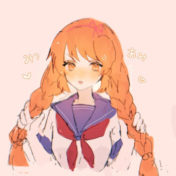 1girl alternate_costume alternate_hairstyle braid commentary_request highres long_hair looking_at_viewer low_twin_braids neko_(kyorinsan_831) orange_eyes orange_hair osana_najimi_(yandere_simulator) school_uniform serafuku shirt short_sleeves smile solo twin_braids upper_body yandere_simulator