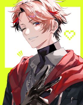 1boy ;d absurdres black_gloves black_hair black_jacket black_shirt blue_eyes chain chain_necklace collared_shirt commentary drawstring english_commentary fang gloves green_background grey_shirt grin hand_up heart highres hood hood_down hooded_jacket jacket jewelry koujisako long_sleeves looking_at_viewer male_focus multicolored_eyes multicolored_hair multicolored_jacket necklace nijisanji notice_lines one_eye_closed open_clothes open_jacket open_mouth parted_bangs parted_lips pink_hair red_eyes red_hair red_jacket seraph_dazzlegarden shirt short_hair simple_background smile solo streaked_hair teeth turtleneck two-tone_background undershirt upper_body virtual_youtuber white_background zipper