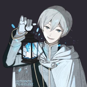 1boy arm_up black_background black_eyes black_jacket blue_fire cloak copyright_name fire gloves holding holding_lantern jacket lantern long_sleeves looking_at_viewer male_focus nocchan_chicchi octopath_traveler octopath_traveler_ii open_mouth short_hair simple_background smile solo temenos_mistral upper_body white_cloak white_gloves white_hair