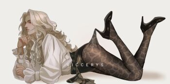 1boy alucard_(castlevania) artist_name bishounen black_shoes blonde_hair castlevania_(series) crossdressing crossdressing_(mtf) fishnet_pantyhose fishnets floral_print_pantyhose high_heels highres lace_pantyhose lace_pantyhose_hooked_on_heel_(meme) long_hair long_sleeves lying male_focus meme on_stomach pantyhose parted_bangs parted_lips puffy_long_sleeves puffy_sleeves pumps shirt shoes solo viccerys wavy_hair white_background white_shirt