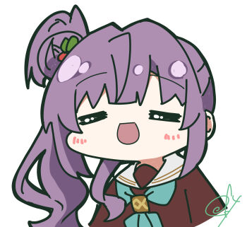 1girl :d =_= absurdres aqua_neckerchief blush brown_dress chibi chibi_only closed_eyes dress facing_viewer hair_bun hasu_no_sora_school_uniform highres link!_like!_love_live! long_hair long_sleeves love_live! neckerchief oofushi_ao open_mouth otomune_kozue purple_hair sailor_collar sailor_dress school_uniform side_ponytail sidelocks signature single_side_bun smile solo virtual_youtuber white_sailor_collar winter_uniform