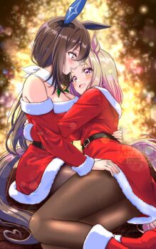 2girls absurdres admire_vega_(umamusume) ass bare_shoulders belt belt_buckle black_belt black_pantyhose blonde_hair blush boots breasts brown_hair buckle cleavage dress ear_covers fur-trimmed_boots fur-trimmed_dress fur_trim highres hug kakikakilemon large_breasts long_hair long_sleeves looking_at_another low_ponytail mixed-language_commentary multiple_girls narita_top_road_(umamusume) open_mouth pantyhose ponytail purple_eyes red_boots red_dress red_shoes shoes short_hair single_ear_cover smile umamusume