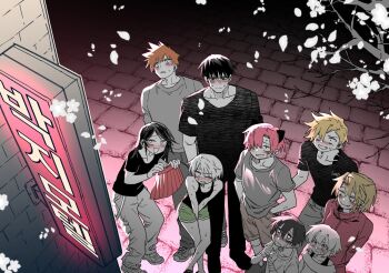 2girls 6+boys androgynous artist_self-insert bags_under_eyes bandage_on_face bandaged_arm bandages bishounen blonde_hair brother_and_sister commission covering_crotch covering_privates creator_and_creation creator_connection crossed_legs crossover dolphin_shorts embarrassed eyeliner full_body hair_between_eyes hair_ornament hairclip hands_on_own_crotch heart heart_in_eye high_school_boy highres holding holding_unworn_clothes holding_unworn_skirt hong_iltak hong_iyeon jeong_harim jeong_sana jeong_surim kim_hyungjoo korean_commentary korean_text lee_hoon lee_hyunwoo long_hair looking_at_another looking_up love_hotel makeup multiple_boys multiple_girls orange_hair pants park_jinim_(parkgee) parkgee partially_colored pink_hair pleated_skirt red_eyeliner sanpaku short_hair short_shorts shorts siblings skirt smile spot_color standing suicide_boy symbol_in_eye tank_top trap tree unworn_skirt