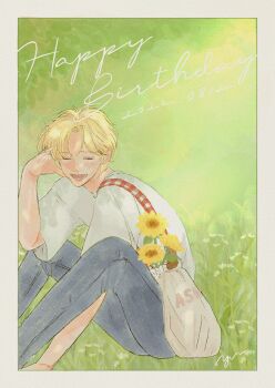 1boy ash_lynx bag banana_fish blonde_hair border closed_eyes denim feet_out_of_frame flower grass hand_in_own_hair happy_birthday highres jeans light_blush male_focus meadow open_mouth pants parted_bangs shirt short_hair shoulder_bag signature smile solo sunflower t-shirt white_border white_shirt yellow_flower yu_ru_lull