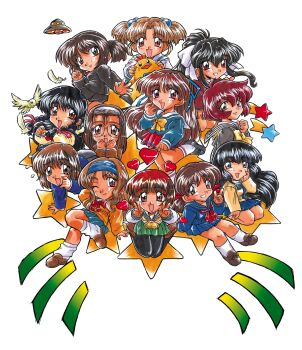 6+girls absurdres adachi_taeko all_fours ascot ayasaki_wakana black_hair black_jacket black_pantyhose black_sailor_collar black_serafuku black_skirt blue_bow blue_bowtie blue_hairband blue_jacket blue_ribbon blue_sailor_collar blue_serafuku blue_shirt blue_skirt bow bowtie braid braided_sidelock brown_eyes brown_hair brown_jacket brown_shoes cardigan chibi chibi_only closed_mouth commentary_request double_v endou_akira everyone falling_feathers fang feathers glasses green_skirt grin hair_bobbles hair_bow hair_ornament hair_ribbon hairband hand_on_own_cheek hand_on_own_face highres hosaka_miyuki hoshino_asuka jacket kneeling kokomahi long_hair long_sleeves looking_at_viewer loose_socks low_twintails matsuoka_chie medium_hair morii_kaho multiple_girls nagakura_emiru nanase_yuu neck_ribbon neckerchief official_art one_eye_closed open_mouth pantyhose pleated_skirt ponytail red_eyes red_hair red_jacket red_neckerchief red_ribbon red_skirt ribbon sailor_collar sawatari_honoka school_uniform seiza sentimental_graffiti serafuku shirt shoes shooting_star short_hair short_twintails sitting skirt sleeves_past_wrists smile socks star_(symbol) stuffed_animal stuffed_bird stuffed_toy sugihara_manami twintails ufo v white_background white_bow white_sailor_collar white_shirt white_socks yamamoto_rurika yellow_ascot yellow_cardigan yellow_hairband