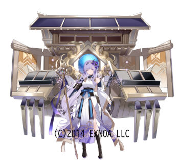 1girl black_boots boots breasts character_request closed_mouth commentary_request detached_sleeves dress flower hair_flower hair_ornament highres long_hair long_sleeves looking_at_viewer medium_breasts official_art oshiro_project:re purple_eyes purple_flower purple_hair single_detached_sleeve sleeves_past_wrists solo staff standing very_long_hair white_background white_dress white_sleeves wide_sleeves yuuki_kira