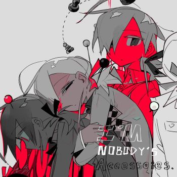 Rule 34 | 1girl, ahoge, black eyes, checkered clothes, checkered scarf, closed mouth, collared shirt, english text, expressionless, from side, grey background, hair over one eye, hair ribbon, half-closed eyes, highres, hug, hug from behind, jacket, limited palette, long hair, long sleeves, looking at viewer, low ponytail, mk1liaoqian, multiple girls, multiple views, original, partially colored, ponytail, ribbon, scarf, sewing pin, shirt, simple background, spot color, surreal, symbolism, upper body
