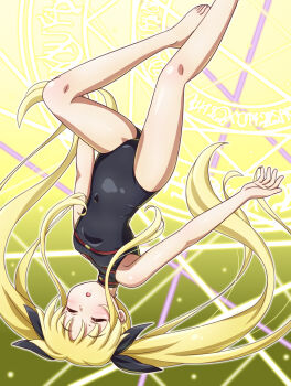 1girl bare_shoulders barefoot black_leotard black_ribbon blonde_hair closed_eyes commentary_request covered_navel fate_testarossa floating floating_hair foot_out_of_frame green_background hair_between_eyes hair_ribbon highleg highleg_leotard leotard long_hair lyrical_nanoha magic_circle mahou_shoujo_lyrical_nanoha open_mouth parted_bangs petite ribbon simple_background skin_tight sleeveless solo twintails two-tone_background very_long_hair wispy_bangs yellow_background yosuzu