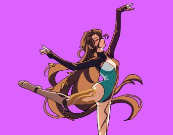 1girl arms_up athletic_leotard black_hair blue_leotard closed_eyes clothing_cutout cowboy_shot floating_hair from_side gymnastics haihaiera leg_up leotard long_hair pantyhose pink_background profile prosthesis prosthetic_leg reverse:1999 rhythmic_gymnastics solo standing standing_on_one_leg white_pantyhose willow_(reverse:1999)