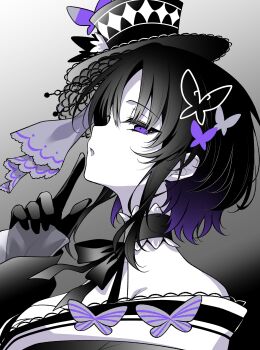 Rule 34 | 1girl, absurdres, bare shoulders, bug, butterfly, butterfly hair ornament, choker, commentary request, finger to mouth, frilled choker, frills, from side, gloves, gradient background, greyscale, hair ornament, hat, highres, housho margo, index finger raised, insect, long sleeves, looking at viewer, mahou shoujo no majo saiban, monochrome, neck ribbon, parted bangs, parted lips, piyopiyomaru (piyo8823), profile, purple butterfly, purple eyes, ribbon, short hair, solo, spot color, top hat, upper body