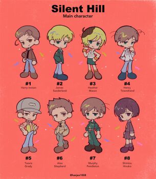 2girls 6+boys absurdres alex_shepherd blonde_hair blue_shoes brown_eyes brown_hair brown_jacket brown_sailor_collar brown_shirt brown_shoes brown_skirt character_name chibi chibi_only copyright_name frown green_eyes green_jacket green_jumpsuit green_skirt haejeo1008 harry_mason heather_mason henry_townshend highres jacket james_sunderland jumpsuit looking_at_viewer male_focus multiple_boys multiple_girls murphy_pendleton neckerchief orange_neckerchief pleated_skirt red_background sailor_collar school_uniform shimizu_hinako shirt shoes short_hair silent_hill:_downpour silent_hill:_homecoming silent_hill:_origins silent_hill_(series) silent_hill_1 silent_hill_2 silent_hill_3 silent_hill_4:_the_room silent_hill_f simple_background skirt sleeveless sleeveless_jacket smile travis_grady white_jacket