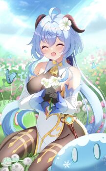 1girl ^_^ absurdres ahoge bare_shoulders blue_butterfly blue_hair blush bodystocking breasts bug butterfly closed_eyes commentary_request cryo_slime_(genshin_impact) day detached_sleeves flower ganyu_(genshin_impact) genshin_impact goat_horns hair_between_eyes hair_flower hair_ornament highres holding holding_flower horns hyakuya_iori insect long_hair long_sleeves looking_at_viewer medium_breasts on_grass open_mouth outdoors qingxin_flower sitting slime_(genshin_impact) solo very_long_hair wariza white_flower white_sleeves