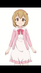 1girl :d animated bow brown_eyes brown_hair child dress female_focus frilled_dress frilled_sailor_collar frills hair_between_eyes hairband highres idolmaster idolmaster_cinderella_girls idolmaster_cinderella_girls_u149 jacket koga_koharu looking_at_viewer making-of open_mouth pink_jacket red_bow red_hairband sailor_collar sailor_dress simple_background sketch smile solo straight_hair takasuma_hiro video white_background white_dress white_sailor_collar