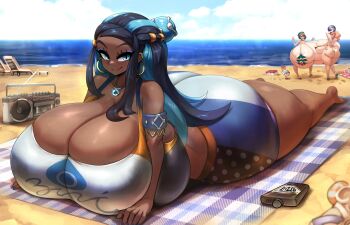 3girls absurdres ass ball bare_shoulders barefoot beach black_hair blue_eyes blue_eyeshadow blue_hair breasts bursting_breasts cleavage closed_eyes cloud collar curvy dark-skinned_female dark_skin day ear_piercing earrings eyelashes eyeshadow female_focus footprints gen_8_pokemon gigantic_breasts gipehtyboo gloria_(pokemon) highres huge_ass impossibly_large_breasts jewelry long_hair lotion lying makeup multiple_girls nail_polish nessa_(pokemon) nintendo ocean on_stomach outdoors piercing pokemon pokemon_sword_and_shield radio sand scorbunny shiny_skin sidelocks sky smile solo_focus sonia_(pokemon) steam thick_thighs thighs towel wide_hips