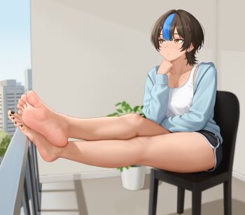 1girl barefoot black_hair brown_eyes chair dolphin_shorts feet highres medium_hair multicolored_hair nihu original shorts sitting soles streaked_hair toes