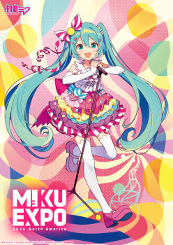 1girl 4_(nakajima4423) :d aqua_eyes aqua_hair aqua_nails artist_name back_bow blush bow candy character_name commentary company_name copyright_notice detached_sleeves dress english_commentary fingernails food frilled_dress frills full_body hair_bow hair_ornament hairclip hatsune_miku hatsune_miku_expo long_hair microphone microphone_stand nail_polish official_art open_mouth pink_bow pink_shoes shoes smile solo star_(symbol) star_hair_ornament teeth thighhighs tongue twintails upper_teeth_only very_long_hair vocaloid white_sleeves white_thighhighs wrapped_candy