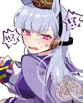 1girl anger_vein animal_ears bright_pupils embarrassed gold_ship_(umamusume) highres horse_ears horse_girl long_hair nekoma_hikaru open_mouth purple_shirt rubik&#039;s_cube shirt solo speech_bubble spoken_character team_spica&#039;s_trainer trainer_(umamusume) umamusume white_background white_pupils