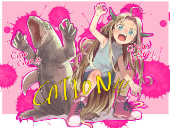 1girl ahoge ankle_boots blonde_hair blue_eyes blue_shorts blue_sweater boots bosako_(haguhagu) claw_pose dated gao haguhagu_(rinjuu_circus) horns komodo_dragon lace-up_boots long_hair looking_at_viewer open_mouth original pink_boots shorts sleeveless sleeveless_sweater solo squatting sweater very_long_hair