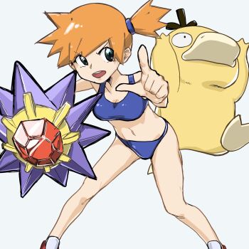 1girl bikini black_eyes blue_bikini breasts collarbone eyelashes gem gen_1_pokemon green_eyes grey_background hair_tie holding knees leaning_forward legs_apart looking_to_the_side medium_breasts misty_(pokemon) navel nintendo open_mouth orange_hair pointing pointing_at_viewer pokemon pokemon_(creature) pokemon_frlg ponytail psyduck shoes short_hair short_ponytail side_ponytail simple_background smile sneakers sports_bikini standing starmie swimsuit teeth tongue upper_teeth_only white_background