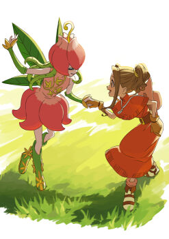 Rule 34 | 2girls, brown eyes, brown hair, closed eyes, digimon, digimon (creature), digimon adventure, dress, fairy wings, green hair, green wings, high ponytail, lilimon, long hair, midair, multiple girls, on grass, pink dress, plant hair, ponytail, red dress, standing, tachikawa mimi, wings, yoko.u