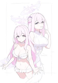 Rule 34 | 2girls, absurdres, angel wings, armpit crease, bare shoulders, blue archive, breasts, cleavage, closed mouth, collarbone, commentary, dress, feathered wings, hair bun, halo, highres, large breasts, long hair, low wings, mika (blue archive), mika (swimsuit) (blue archive), multiple girls, navel, open mouth, pink hair, pink halo, purple hair, ryua (user kedz2257), single hair bun, single side bun, sleeveless, sleeveless dress, smile, stomach, very long hair, white dress, white wings, wings