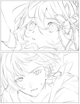 1boy 1girl armor bishounen boy_on_top cape choppy_bangs collarbone commentary_request cross-shaped_pupils eyelashes fingernails genshin_impact greyscale hair_between_eyes hair_ornament heart heart_hair_ornament hetero highres japanese_armor kote light_blush looking_at_another looking_at_viewer looking_up monochrome nahida_(genshin_impact) onigiri_po_0205 open_hand parted_lips scaramouche_(genshin_impact) sweat symbol-shaped_pupils tsurime wanderer_(genshin_impact) wide-eyed yukadon