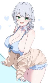 Rule 34 | 1girl, :d, absurdres, babydoll, blue babydoll, blue choker, breasts, brown cardigan, cafelittle, cardigan, cardigan partially removed, center-flap bangs, choker, cleavage, commentary, green eyes, grey hair, hair rings, highres, hololive, large breasts, looking at viewer, loungewear, medium hair, mole, mole on breast, official alternate costume, official alternate hairstyle, open mouth, shirogane noel, shirogane noel (9th costume), short shorts, shorts, simple background, single hair ring, smile, solo, virtual youtuber, white background