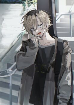 1boy black_eyes black_shirt brown_hair candy ear_piercing food food_in_mouth grey_jacket hair_between_eyes hand_up highres holding holding_candy holding_food holding_lollipop hood hood_down hooded_jacket jacket lollipop lollipop_in_mouth long_sleeves looking_at_viewer male_focus multicolored_hair open_clothes open_jacket open_mouth original parted_bangs piercing roots_(hair) sanpaku shirt short_hair sini_user solo stairs upper_body