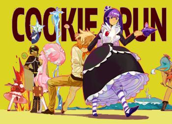 !? 1other 3boys 4girls adventurer_cookie animal_print aqua_hair arms_behind_back bag bandana bandana_around_neck belt black_dress blackberry_cookie blonde_hair blue_cloak blue_hair blue_hat bomb boots bound brooch brown_bag brown_belt brown_boots brown_cape brown_gloves brown_helmet brown_pants brown_shirt brown_shoes candle cape cherry_blossom_cookie cherry_cookie chinese_commentary cloak closed_mouth commentary_request cookie_run copyright_name dark-skinned_female dark-skinned_male dark_skin dragging dress explosion explosive flower flying_sweatdrops gloves goggles goggles_on_headwear green_eyes green_hair hair_flower hair_ornament hat helmet highres holding holding_bag holding_bomb holding_candle holding_umbrella holding_wand hood hood_up humanization jewelry juliet_sleeves kiwi_cookie long_dress long_hair long_sleeves multiple_boys multiple_girls omega836 open_mouth orange_bandana orange_dress orange_flower outline pants pantyhose parasol peppermint_cookie pink_hair pink_skirt ponytail print_dress puffy_sleeves purple_eyes purple_hair purple_pantyhose purple_shoes red_cape red_dress red_eyes red_shoes shirt shoes short_hair simple_background skirt small_sweatdrop socks speech_bubble spoken_interrobang striped_clothes striped_pantyhose tied_up_(nonsexual) tiger_lily_cookie tiger_print twintails umbrella wand water whale white_hair white_pantyhose white_shirt white_shoes white_socks wizard_cookie wizard_hat yellow_background