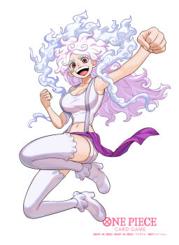 1girl anti-eyebrow_piercing clenched_hands commentary_request copyright_name face_piercing full_body highres jewelry_bonney long_hair looking_at_viewer midriff navel official_art one_piece one_piece_card_game open_mouth piercing pink_eyes purple_sash sash simple_background smile sunohara_(encount) tank_top thighhighs white_background white_tank_top white_thighhighs